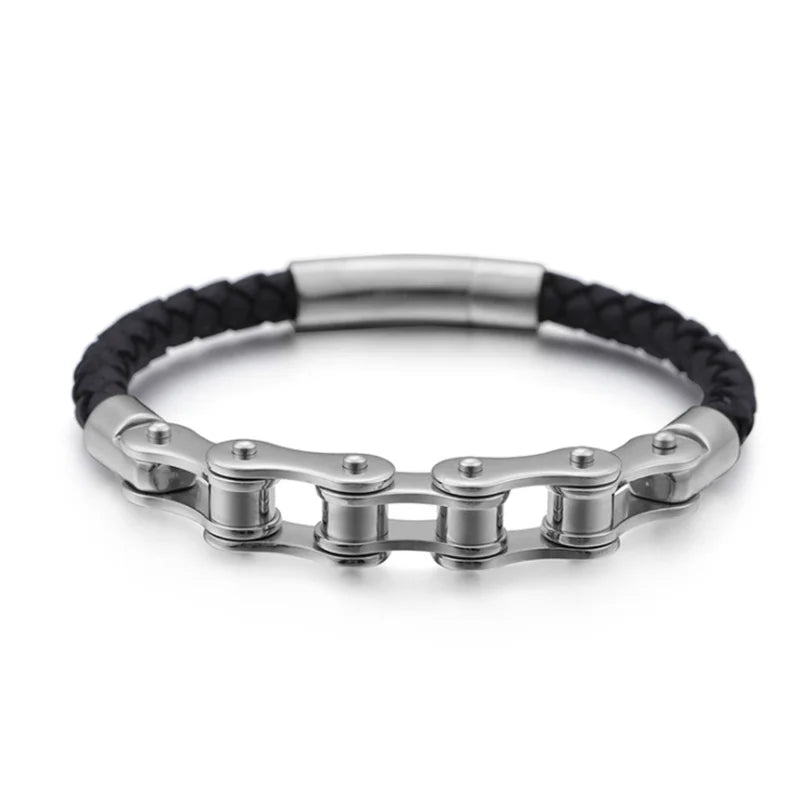 Biker Ghost Rider Bracelet Frosted Steel Chain with Leather Accent