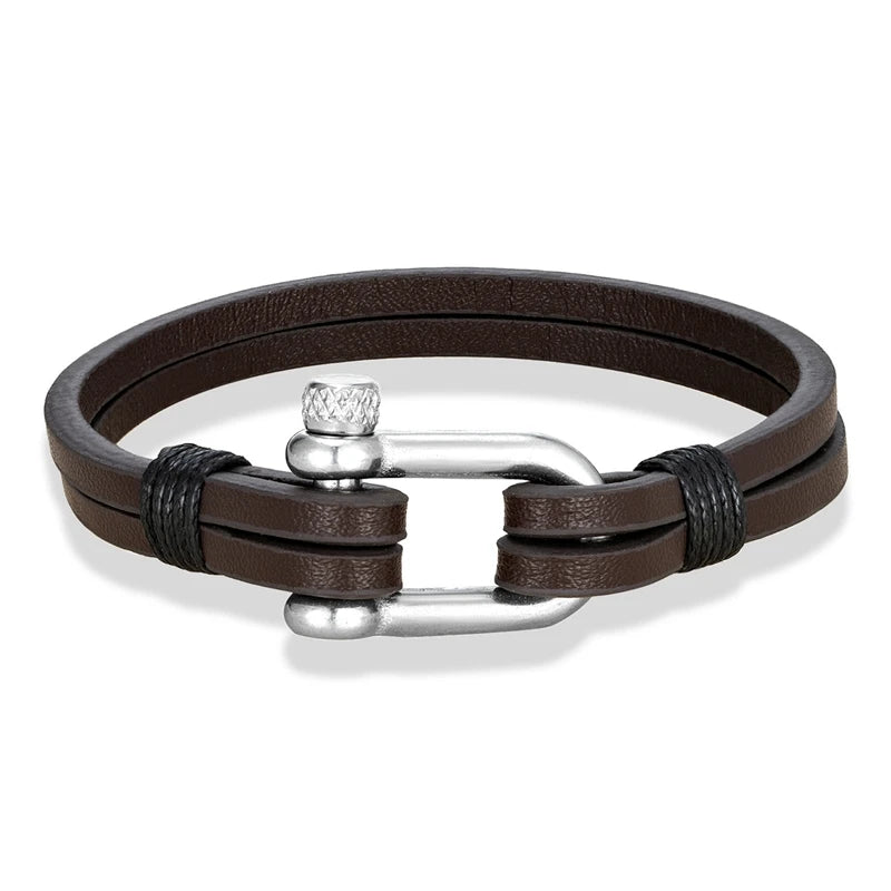 Nautical Double Strap Bracelet Stainless Steel Shackle Closure