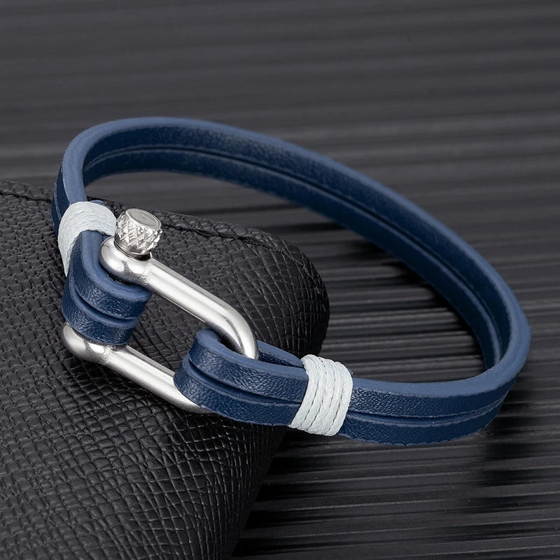 Nautical Double Strap Bracelet Stainless Steel Shackle Closure
