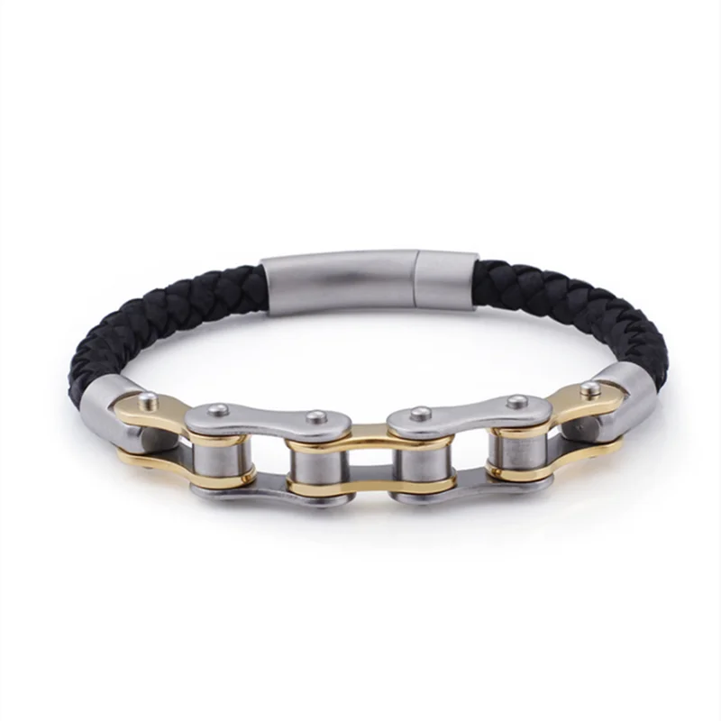 Biker Ghost Rider Bracelet Frosted Steel Chain with Leather Accent