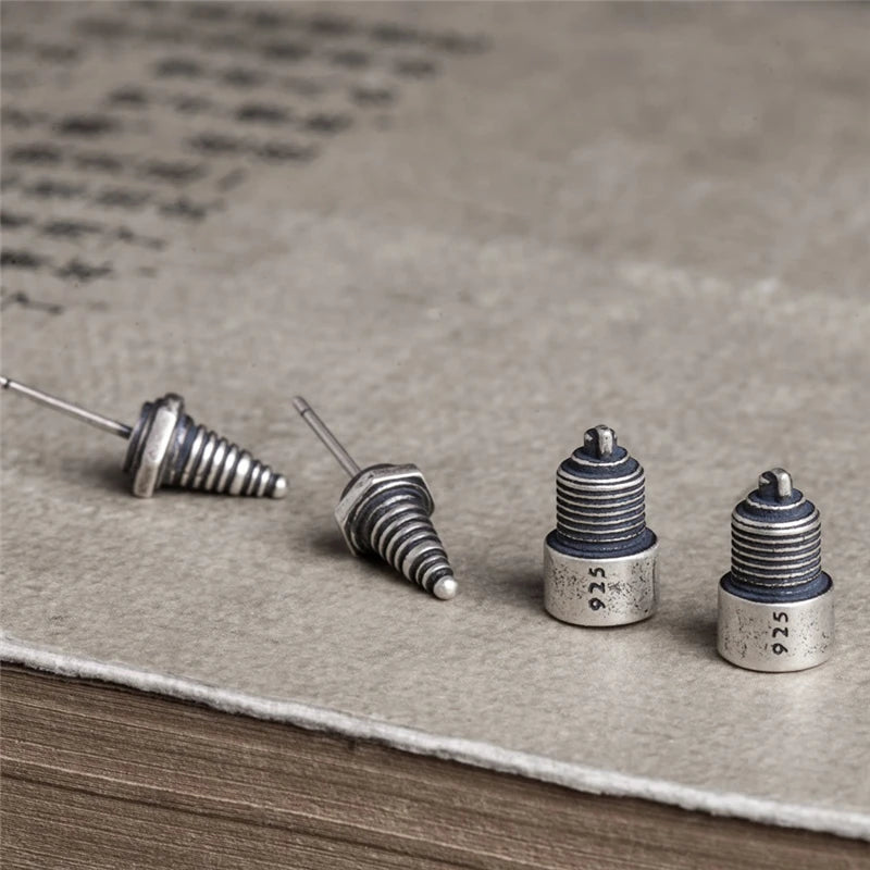 Sterling Silver Spark Plug Stud Earrings Biker-Inspired Steampunk & Cyberpunk Jewelry
