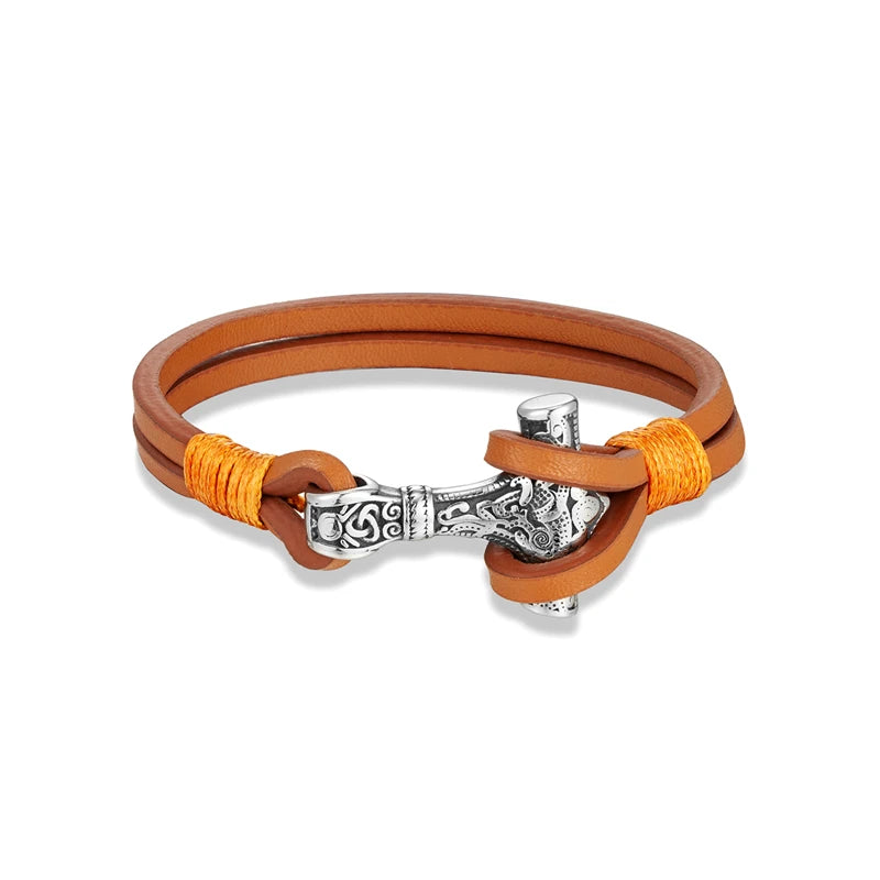 Viking Thor Mjolnir Leather Bracelet – Double-Layer Steel Charm | Norse Mythology