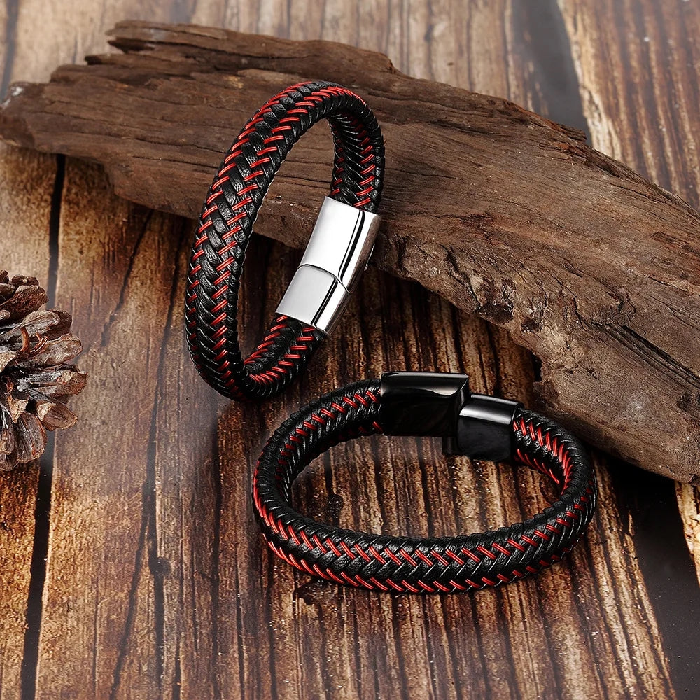 Stainless Steel Braided Leather Bracelet Elegant Style