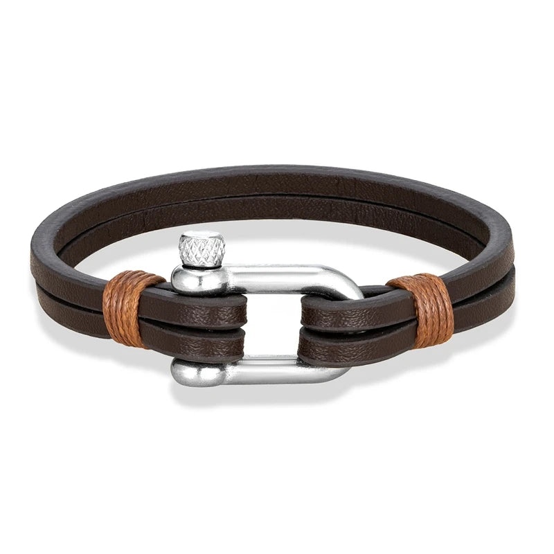 Nautical Double Strap Bracelet Stainless Steel Shackle Closure
