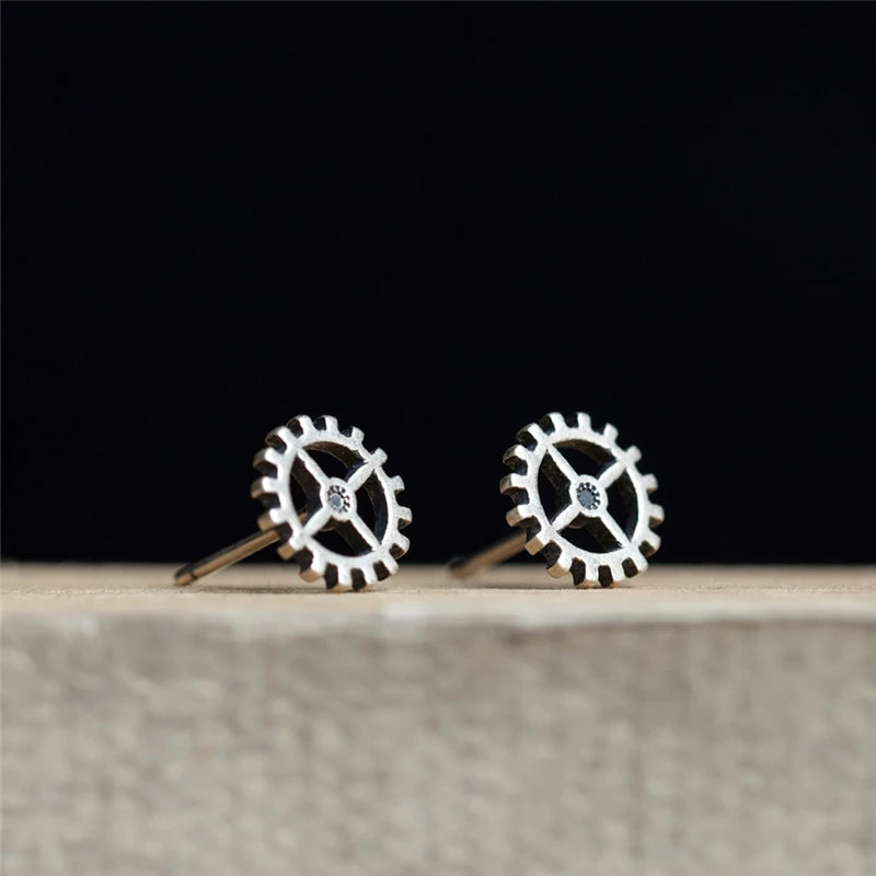Unisex Steampunk Gear Stud Earrings 925 Sterling Silver Punk Rock Jewelry