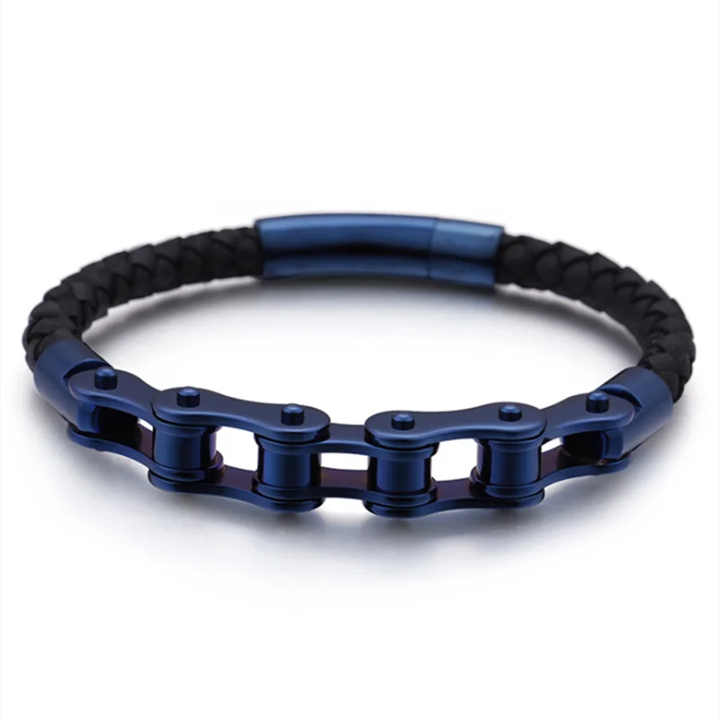 Biker Ghost Rider Bracelet Frosted Steel Chain with Leather Accent