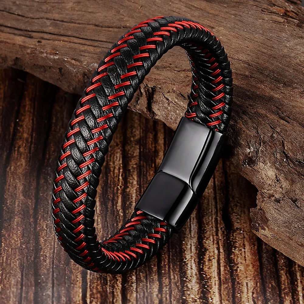 Stainless Steel Braided Leather Bracelet Elegant Style