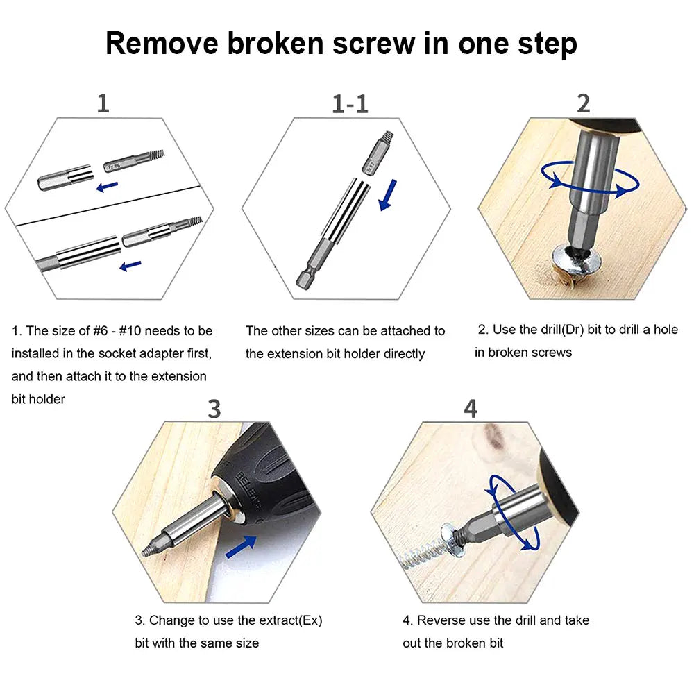 Damaged screw extractor, bit set, screwdriver extractor, bolt disassembly