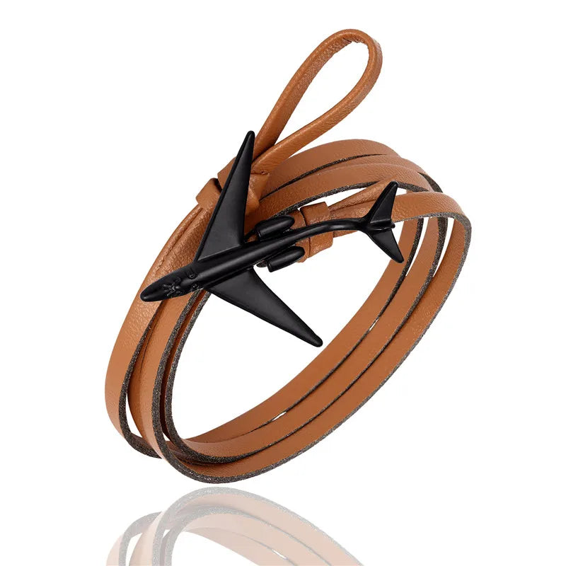 Sky Voyager Leather Bracelet Airplane & Anchor Multilayer Wrap