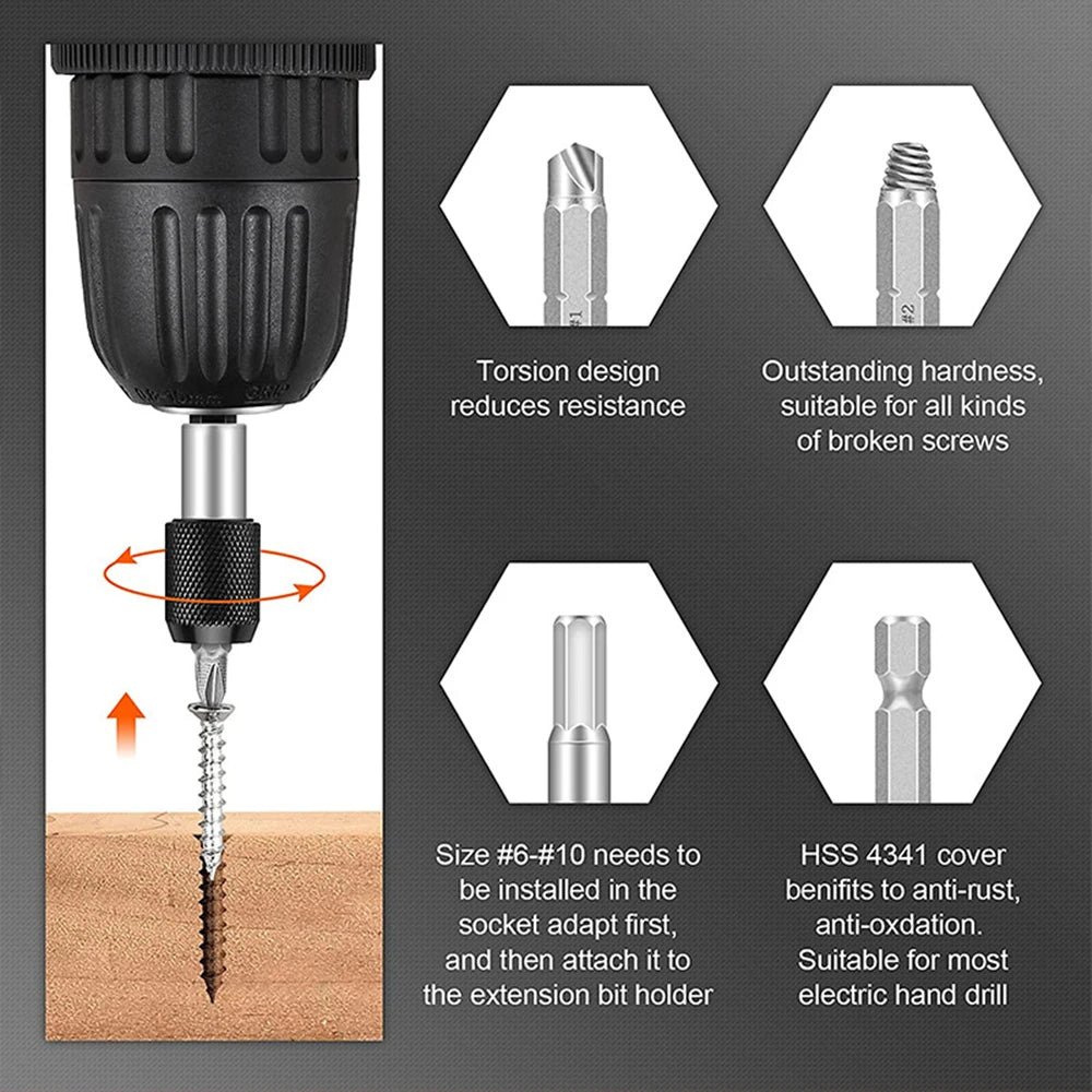 Damaged screw extractor, bit set, screwdriver extractor, bolt disassembly