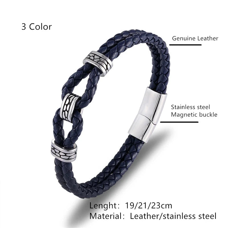 Black Braided Leather Bracelet Multilayer Stainless Steel Design deideas