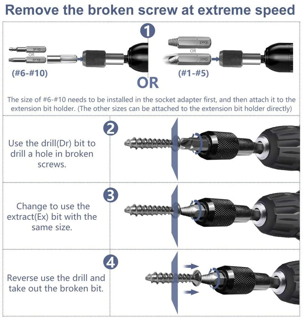 Damaged screw extractor, bit set, screwdriver extractor, bolt disassembly