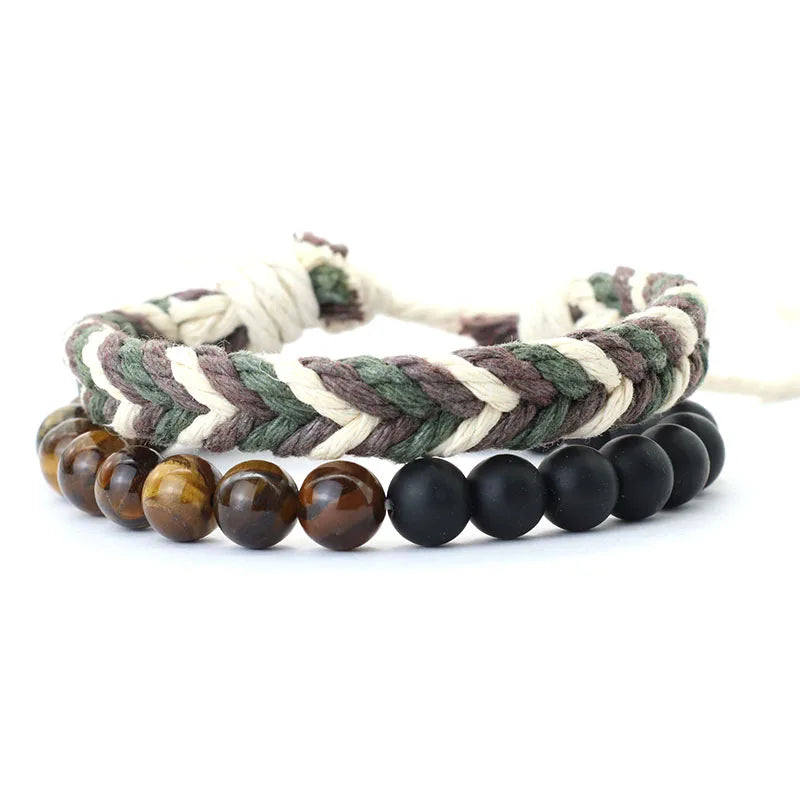 Noter New 2Pcs/Set Men Bracelet Handmade Weaven Adjustable Cord Chain Braslet 8mm Natural Lava Tiger Eyes Stone Braclet Homme deideas