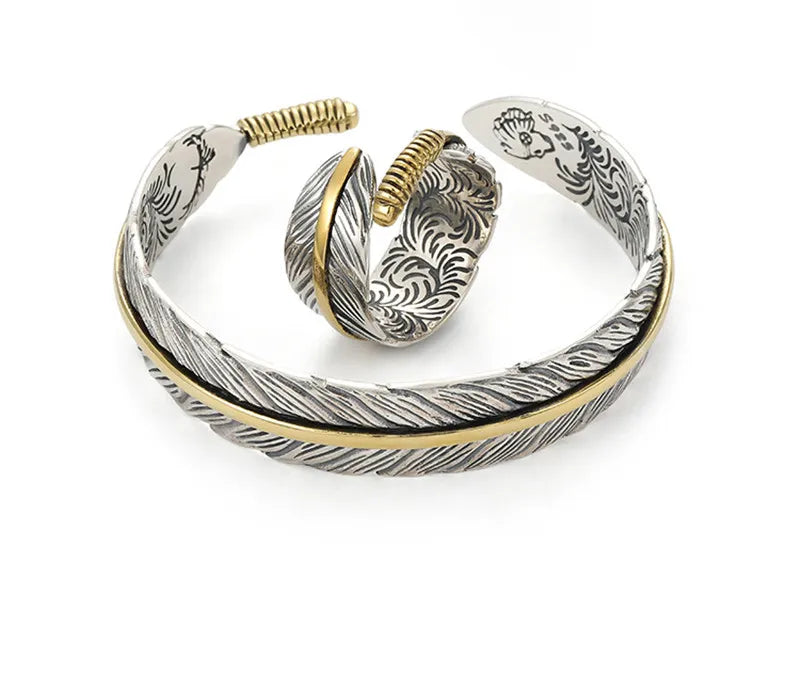 Wild Spirit Feather Cuff Adjustable Silver Bracelet for Men