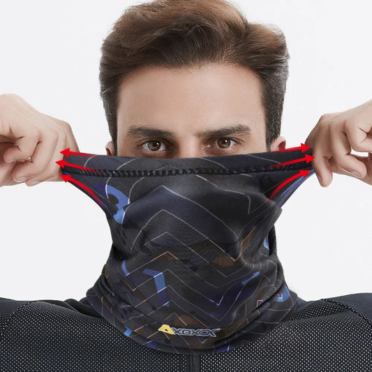 Person wearing a patterned neck gaiter with a visible brand logo on a white background