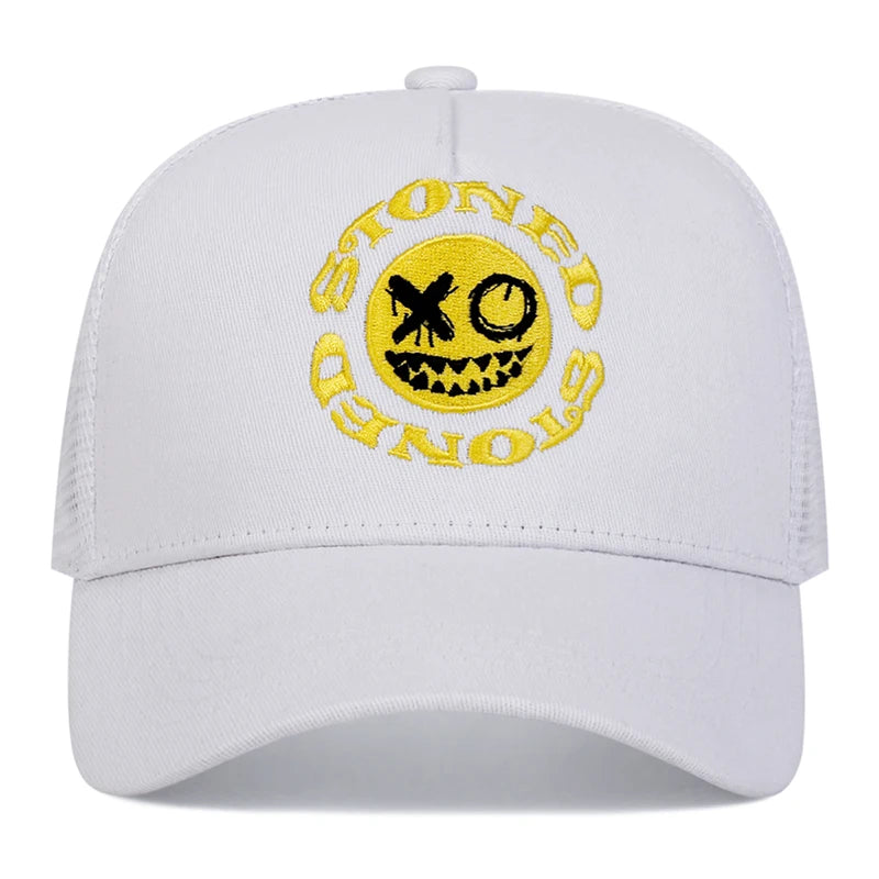Smiley Face Embroidery Baseball Cap Mesh Trucker, Adjustable, Unisex