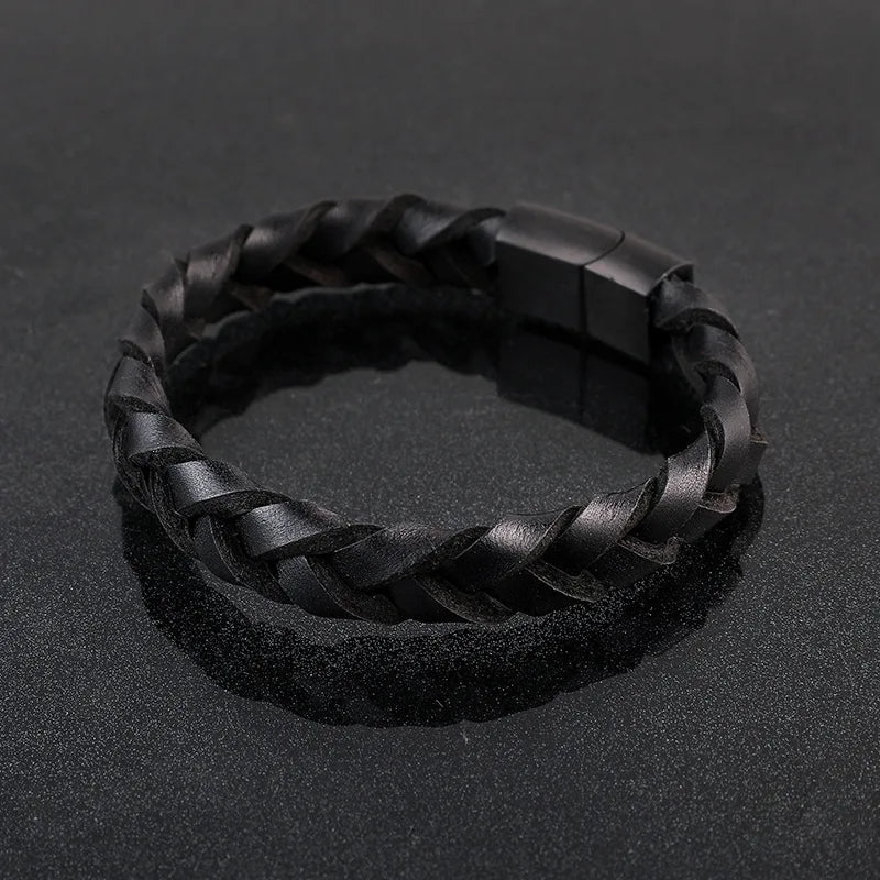 Race Line Brushed Black Leather & Steel Men’s Bracelet
