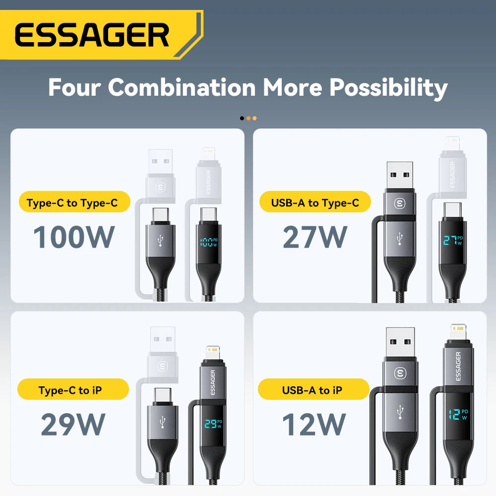 4-in-1 USB Cable 100W – Digital Display, Fast Charging for iPhone, iPad, MacBook & USB-C