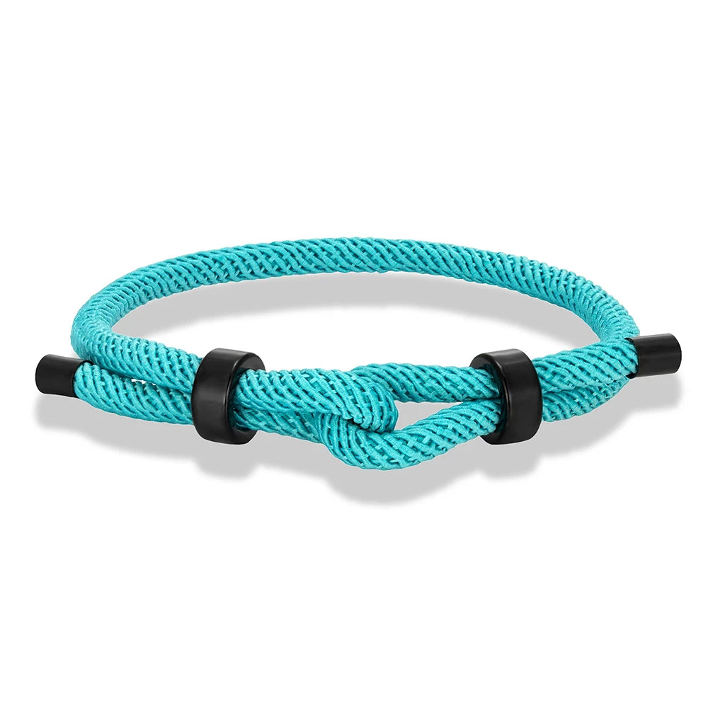 Adjustable Rope Bracelet Black Steel Charm, Waterproof & Durable