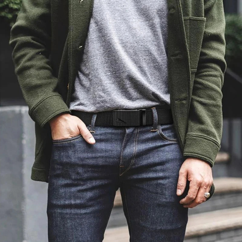 Cinturón automático para hombre con hebilla de metal y nailon, informal, para deportes al aire libre y trabajo