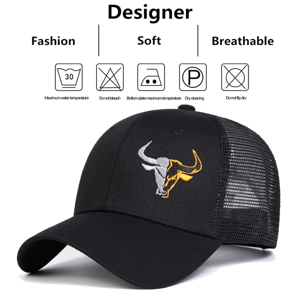 Gorra de béisbol con bordado de cabeza de toro - Gorra de camionero de malla estilo rodeo occidental
