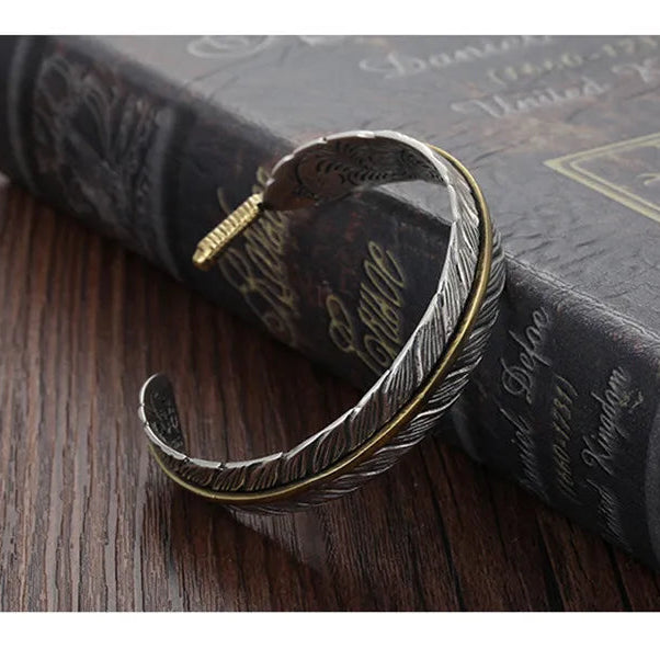 Wild Spirit Feather Cuff Adjustable Silver Bracelet for Men