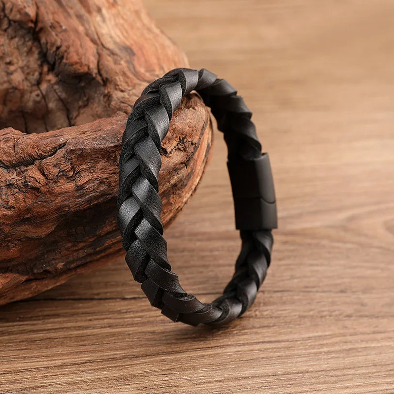 Race Line Brushed Black Leather & Steel Men’s Bracelet
