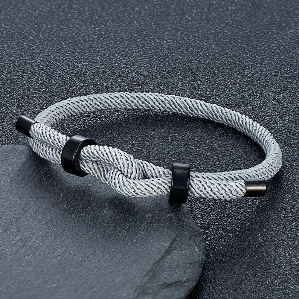 Adjustable Rope Bracelet Black Steel Charm, Waterproof & Durable