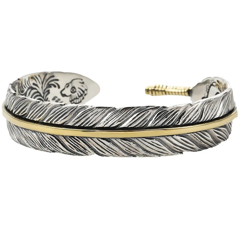 Wild Spirit Feather Cuff Adjustable Silver Bracelet for Men