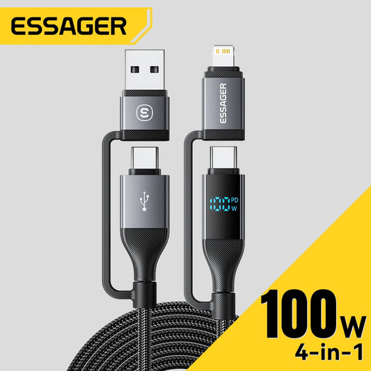 Cable USB 4 en 1 de 100 W – Pantalla digital, carga rápida para iPhone, iPad, MacBook y USB-C