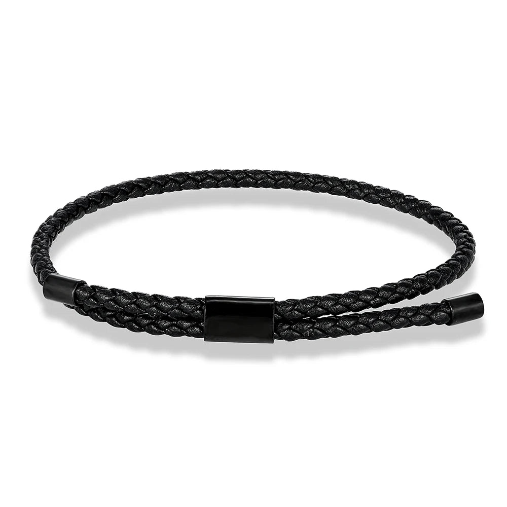 Braided Leather & Steel Adjustable Bracelet – Unisex Charm Style