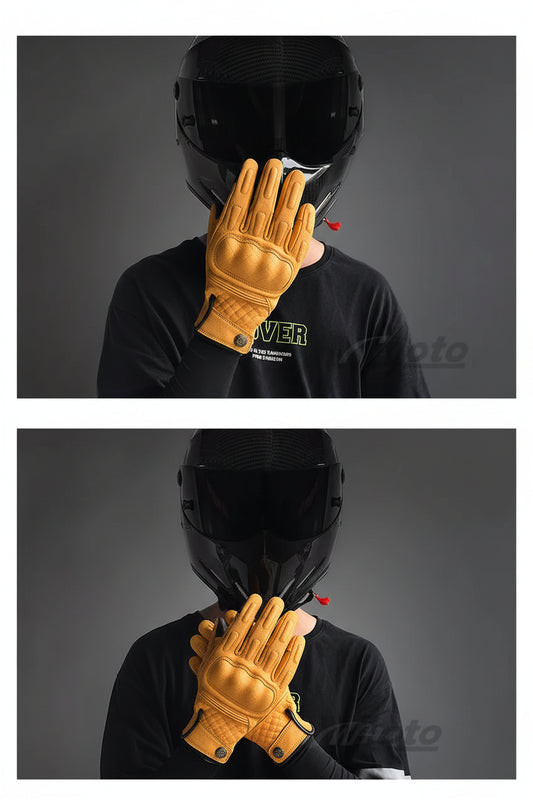 Person wearing a black helmet and black shirt with 'MJMOTO' branding, holding brown leather gloves.