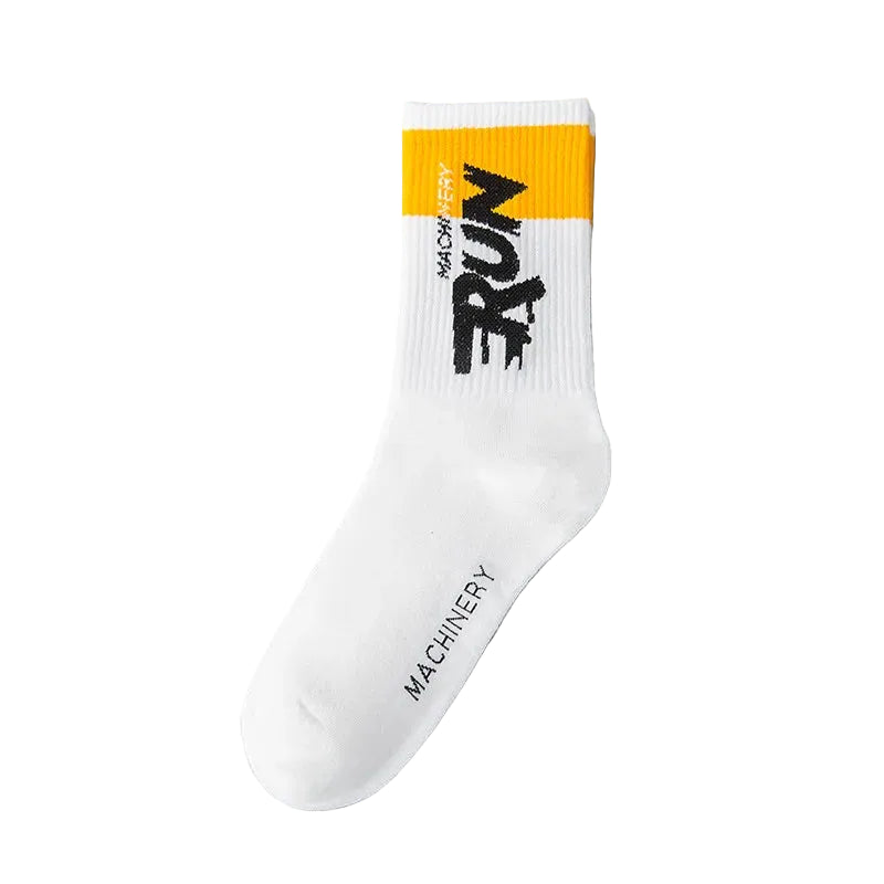 White sock with yellow and black text on a gray background