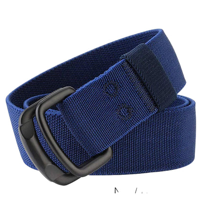 Navy blue belt with a black buckle on a white background