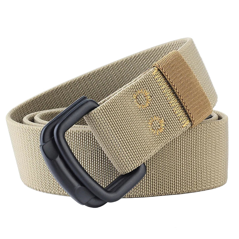 Khaki belt with black buckle on a white background, featuring the brand 'MaiKun'.