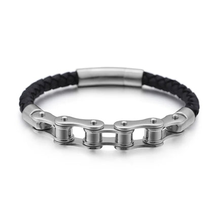 Biker Ghost Rider Bracelet Frosted Steel Chain with Leather Accent