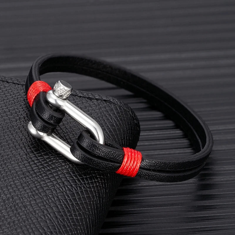 Nautical Double Strap Bracelet Stainless Steel Shackle Closure