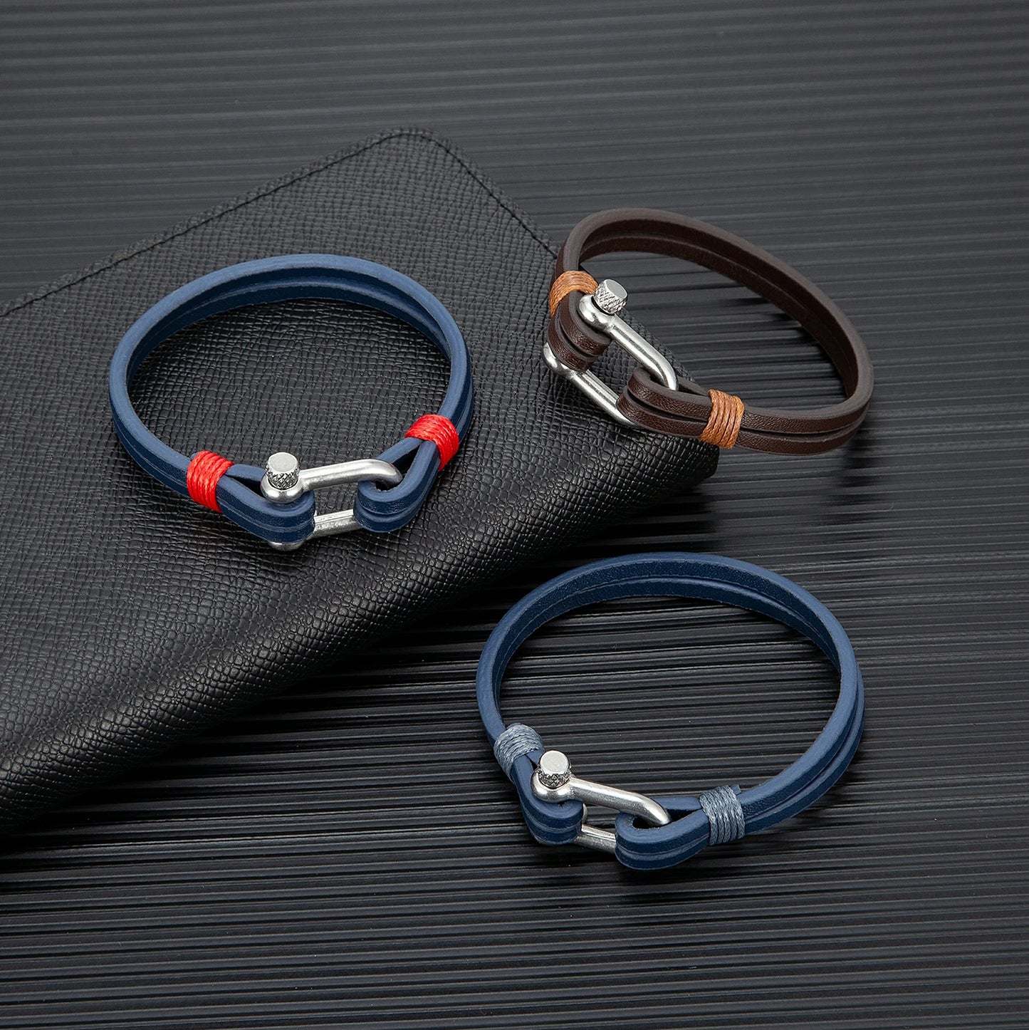 Nautical Double Strap Bracelet Stainless Steel Shackle Closure