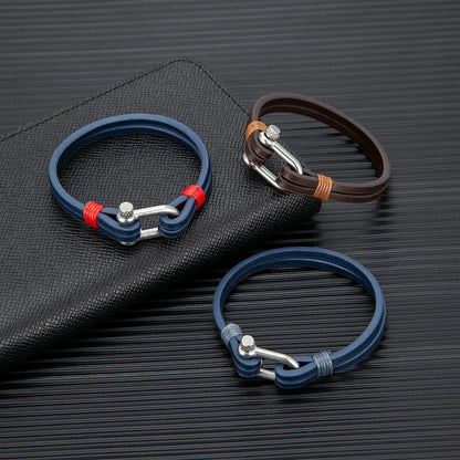 Nautical Double Strap Bracelet Stainless Steel Shackle Closure