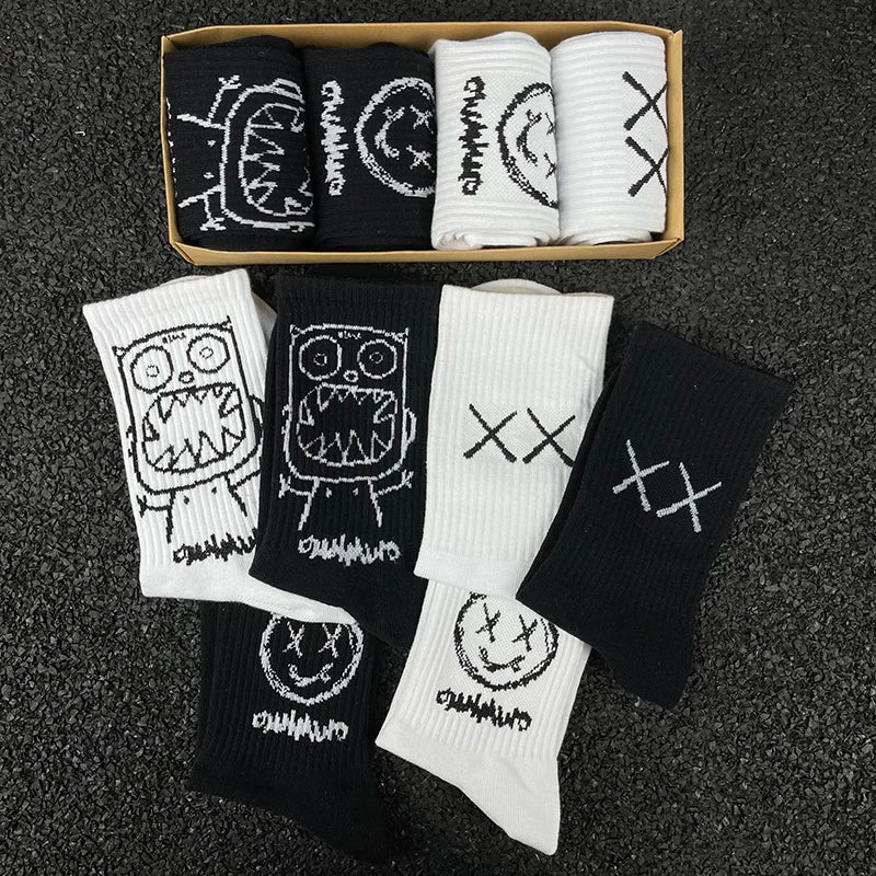 Japanese Cotton Hip Hop Socks - Cartoon Pattern (4 Pairs)