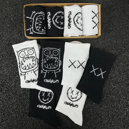 Japanese Cotton Hip Hop Socks - Cartoon Pattern (4 Pairs)
