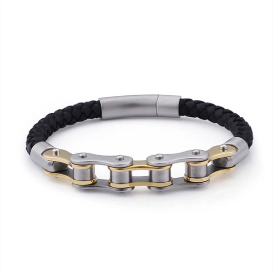 Biker Ghost Rider Bracelet Frosted Steel Chain with Leather Accent