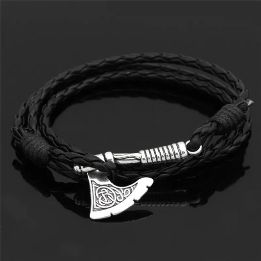 Pulsera de cuero hacha vikinga con runa nórdica