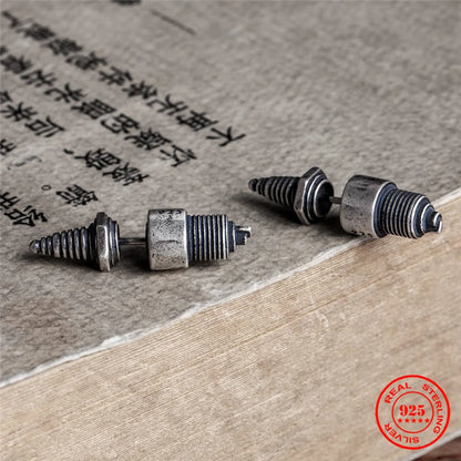 Sterling Silver Spark Plug Stud Earrings Biker-Inspired Steampunk & Cyberpunk Jewelry