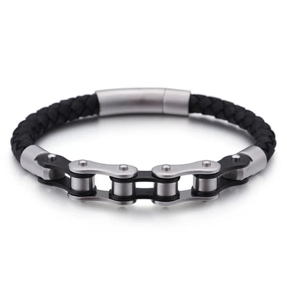 Biker Ghost Rider Bracelet Frosted Steel Chain with Leather Accent