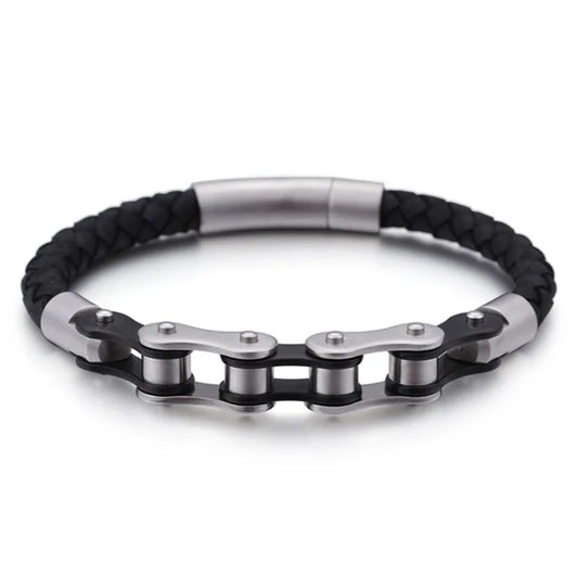 Biker Ghost Rider Bracelet Frosted Steel Chain with Leather Accent