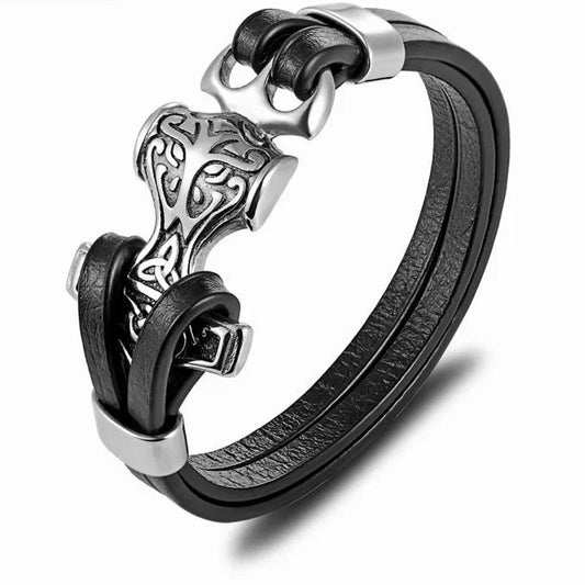 Black leather bracelet with silver clasp on a white background