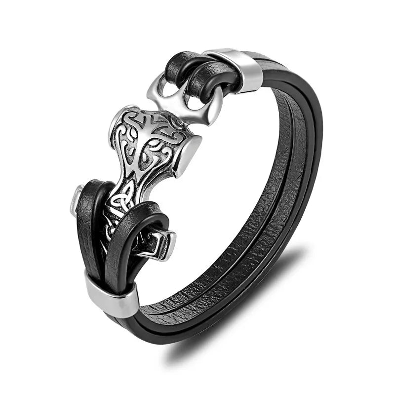 Black leather bracelet with silver clasp on a white background