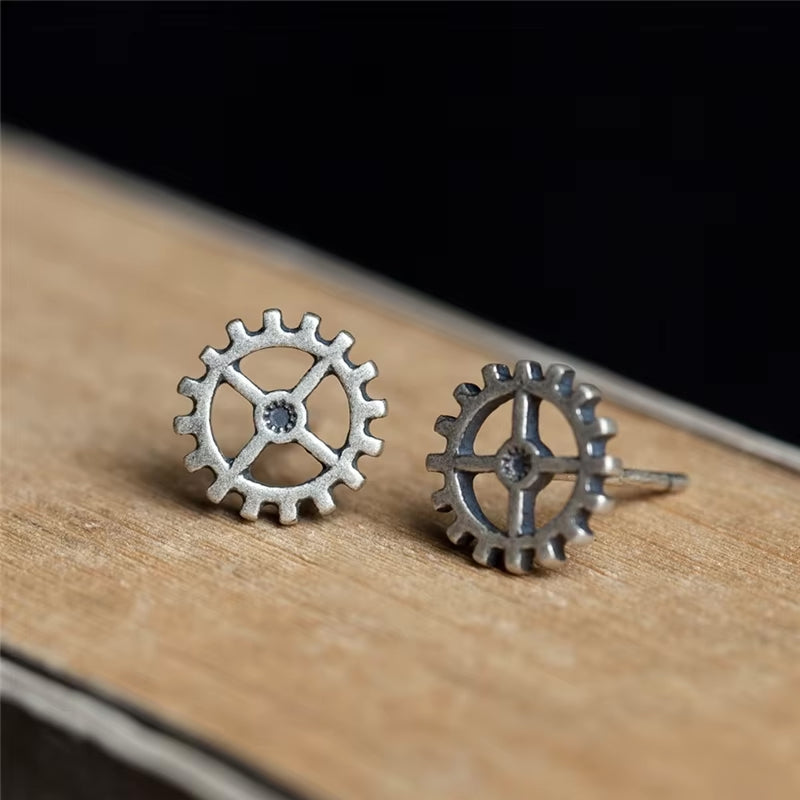 Unisex Steampunk Gear Stud Earrings 925 Sterling Silver Punk Rock Jewelry