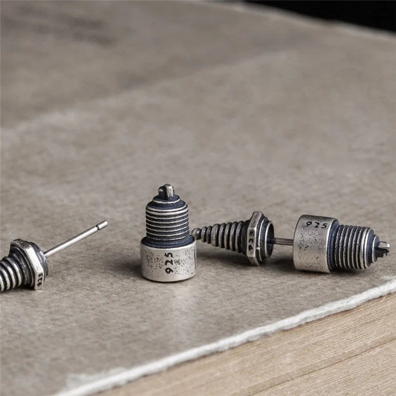 Sterling Silver Spark Plug Stud Earrings Biker-Inspired Steampunk & Cyberpunk Jewelry